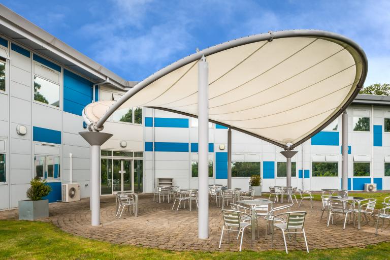 The canopy outside of the Newark Beacon office.